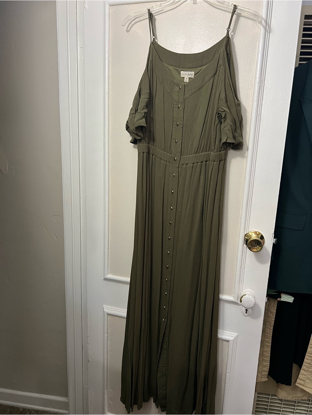 Maison Jules Olive Cold-Shoulder Button-Front Maxi Dress